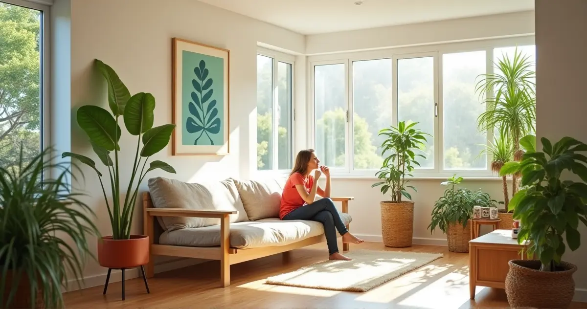 Modern living room with biophilic design featuring natural wood furniture, lush plants, nature-inspired art, and abundant natural light