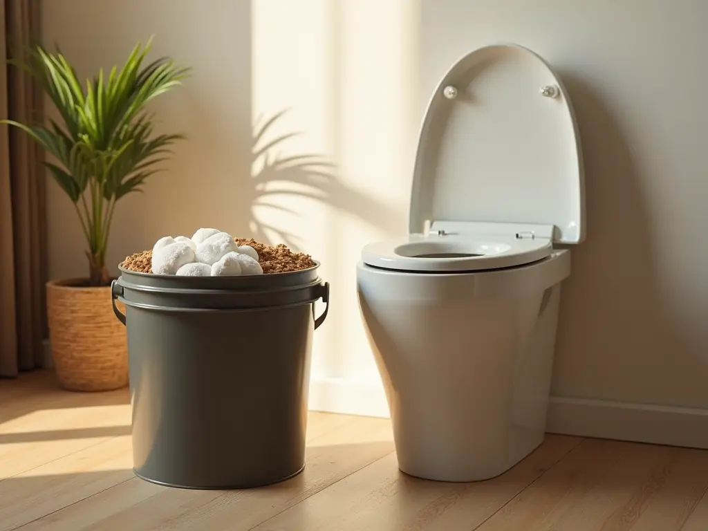 A DIY composting setup with a 5-gallon bucket next to a premium composting toilet in a minimalist interior setting.