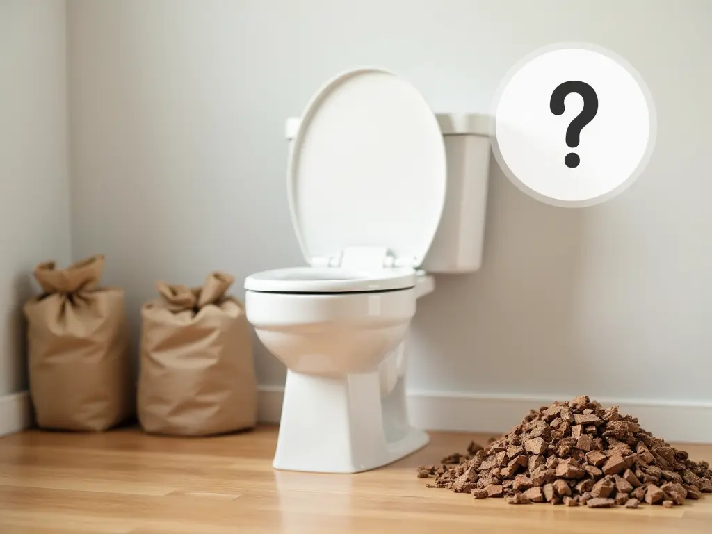 A composting toilet with wood chips, composting bags, and a question mark icon subtly incorporated in the background.