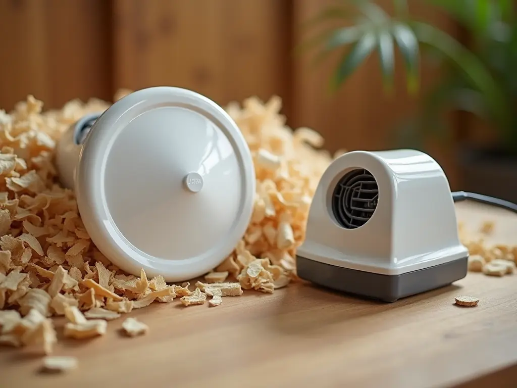 A composting toilet urine diverter and a small ventilation fan placed on a wooden surface, with composting materials like shredded paper nearby.