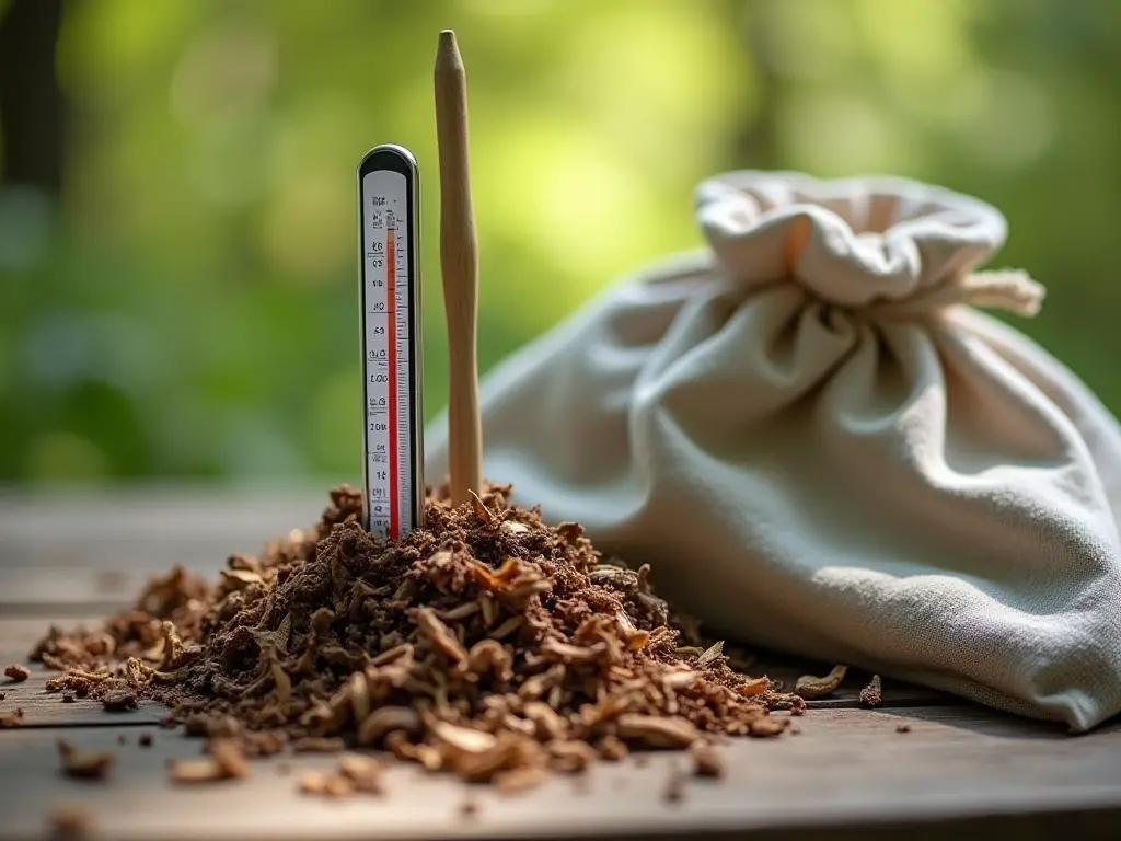 A composting thermometer inserted into a composting pile with shredded wood chips and a small brush nearby for cleaning.