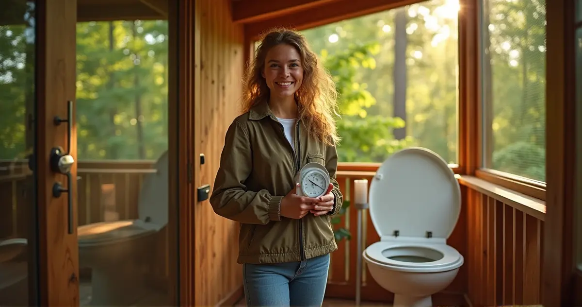 Hero banner showing a cheerful individual holding a composting thermometer in a lush, green forest cabin setting with a modern composting toilet nearby, emphasizing sustainability.