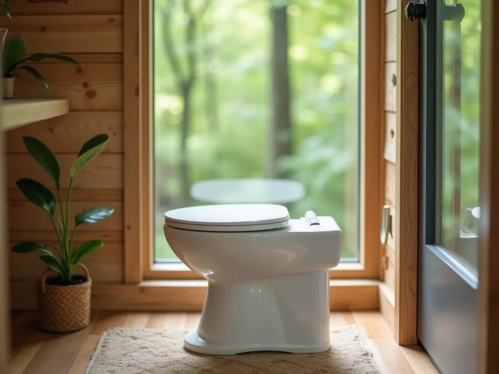 A compact composting toilet set up in a tiny home with a window revealing a lush forest outside.