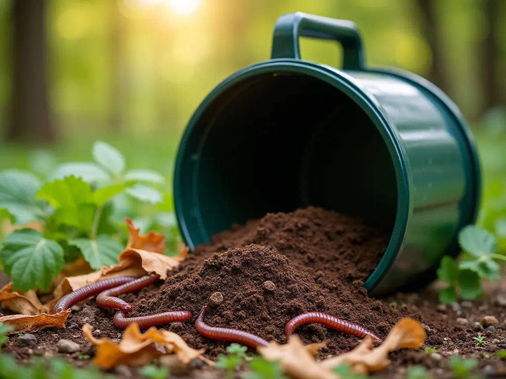 Composting worms and shredded oak leaves placed beside a composting bin in a natural outdoor setting.