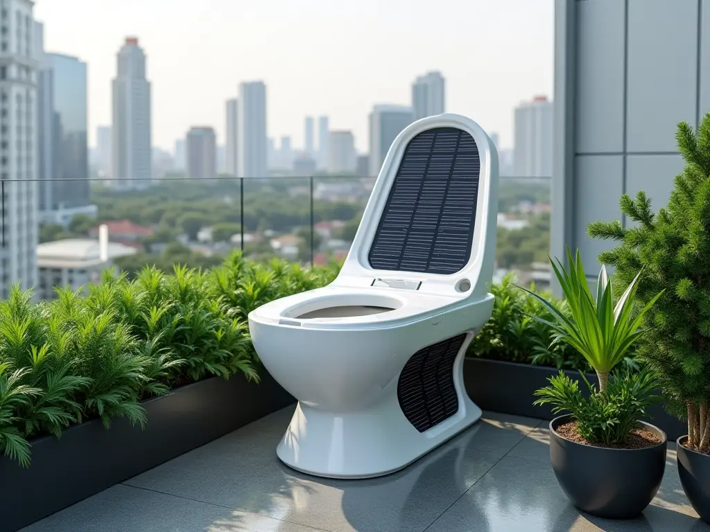 A futuristic composting toilet design with solar-powered features in an urban rooftop garden setting.