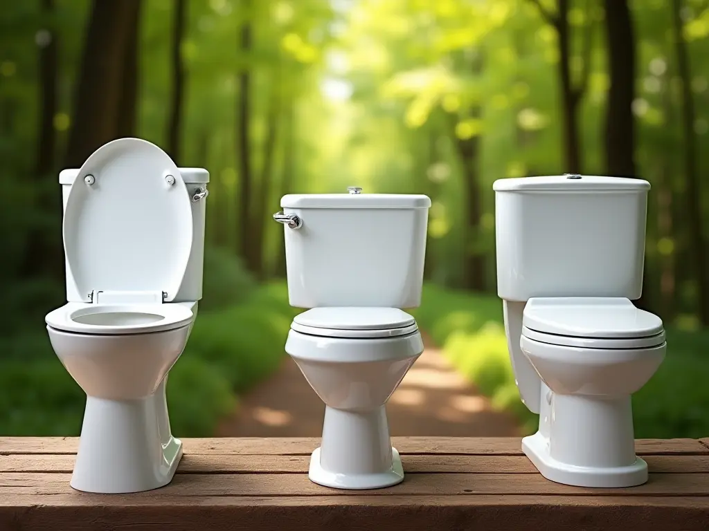 Side-by-side display of Airhead, Hotbin, and Separett composting toilets with a natural forest backdrop.