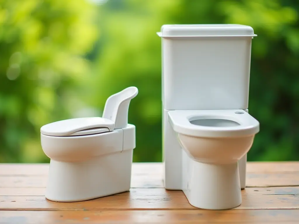 Side-by-side display of a compact self-contained composting toilet and a central composting system tank with green leaves in the background.