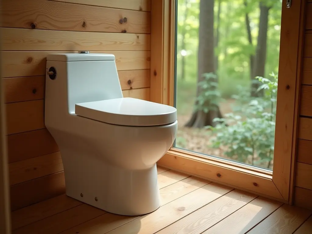 Close-up of a modern composting toilet with a green forest visible through a window in the background, symbolizing eco-friendly sanitation.