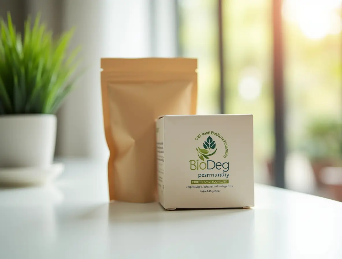 Certified eco-friendly product with biodegradable packaging on a clean white table