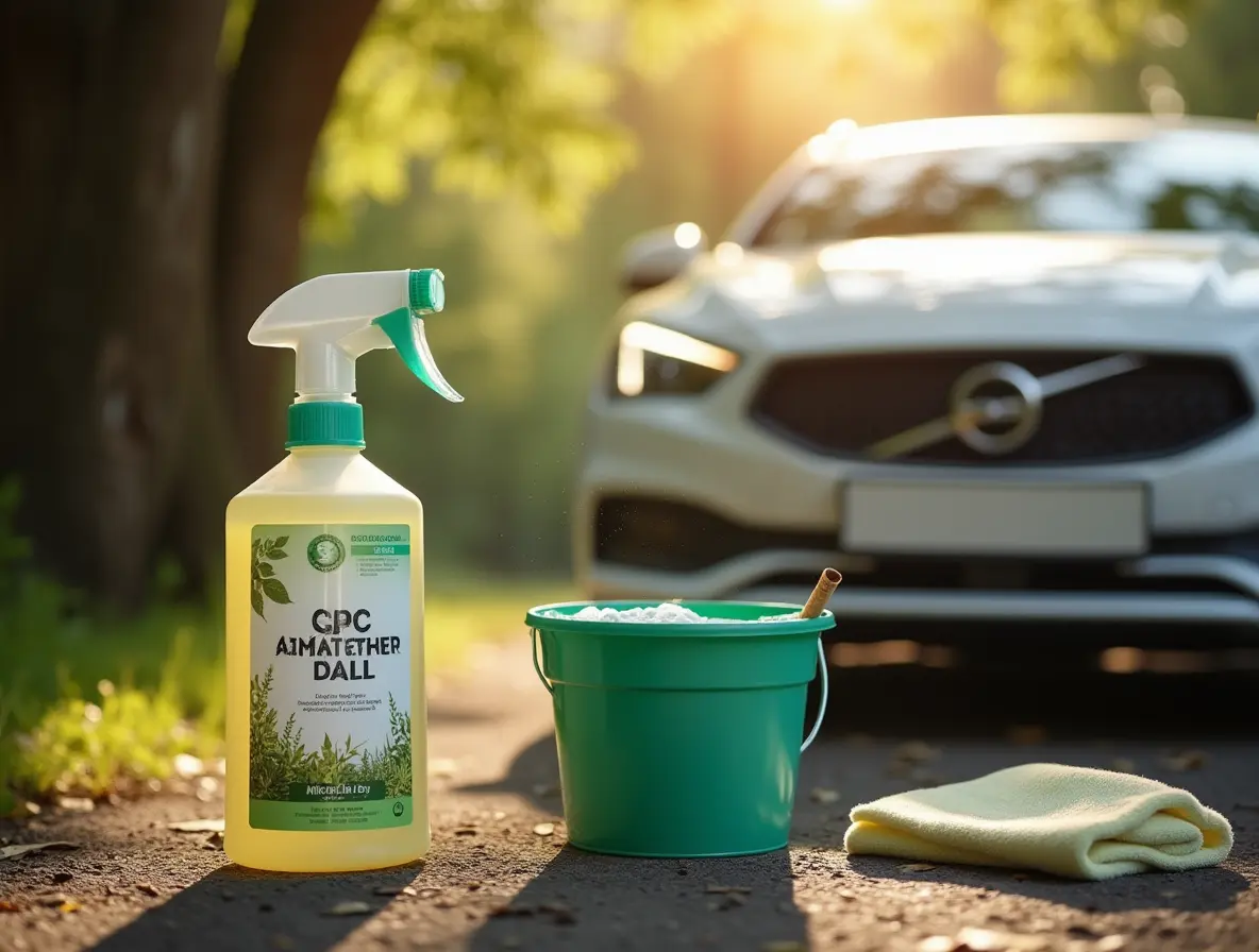 A biodegradable car cleaning product next to a sparkling clean car under a tree