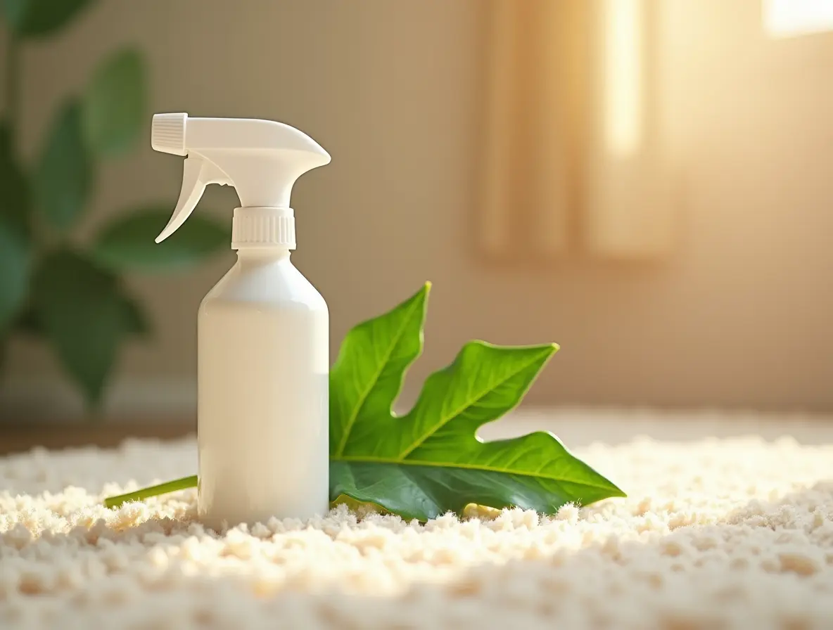 Eco-friendly carpet cleaner spray bottle on a soft beige carpet with a green leaf beside it