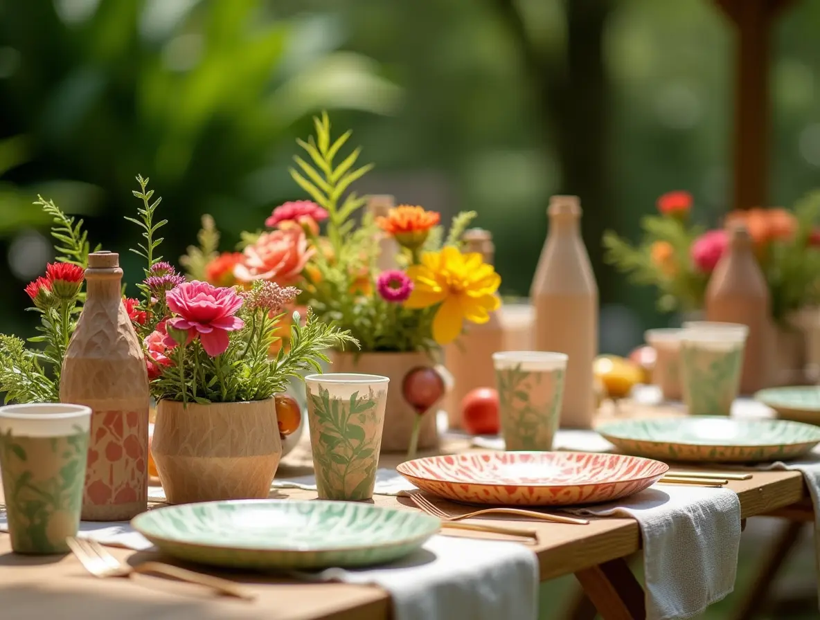 Biodegradable party plates and cups with a festive table setting outdoors