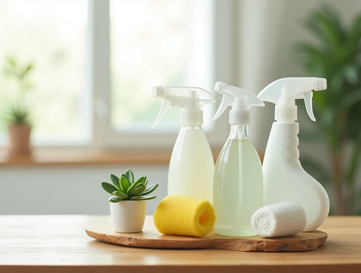 A selection of eco-friendly cleaning products arranged neatly on a wooden surface