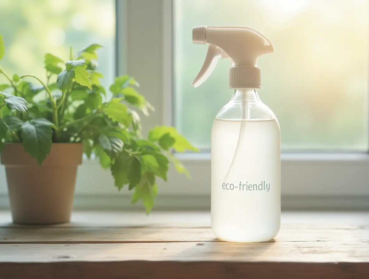 Close-up of a spray bottle labeled eco-friendly on a wooden table with a plant in the background