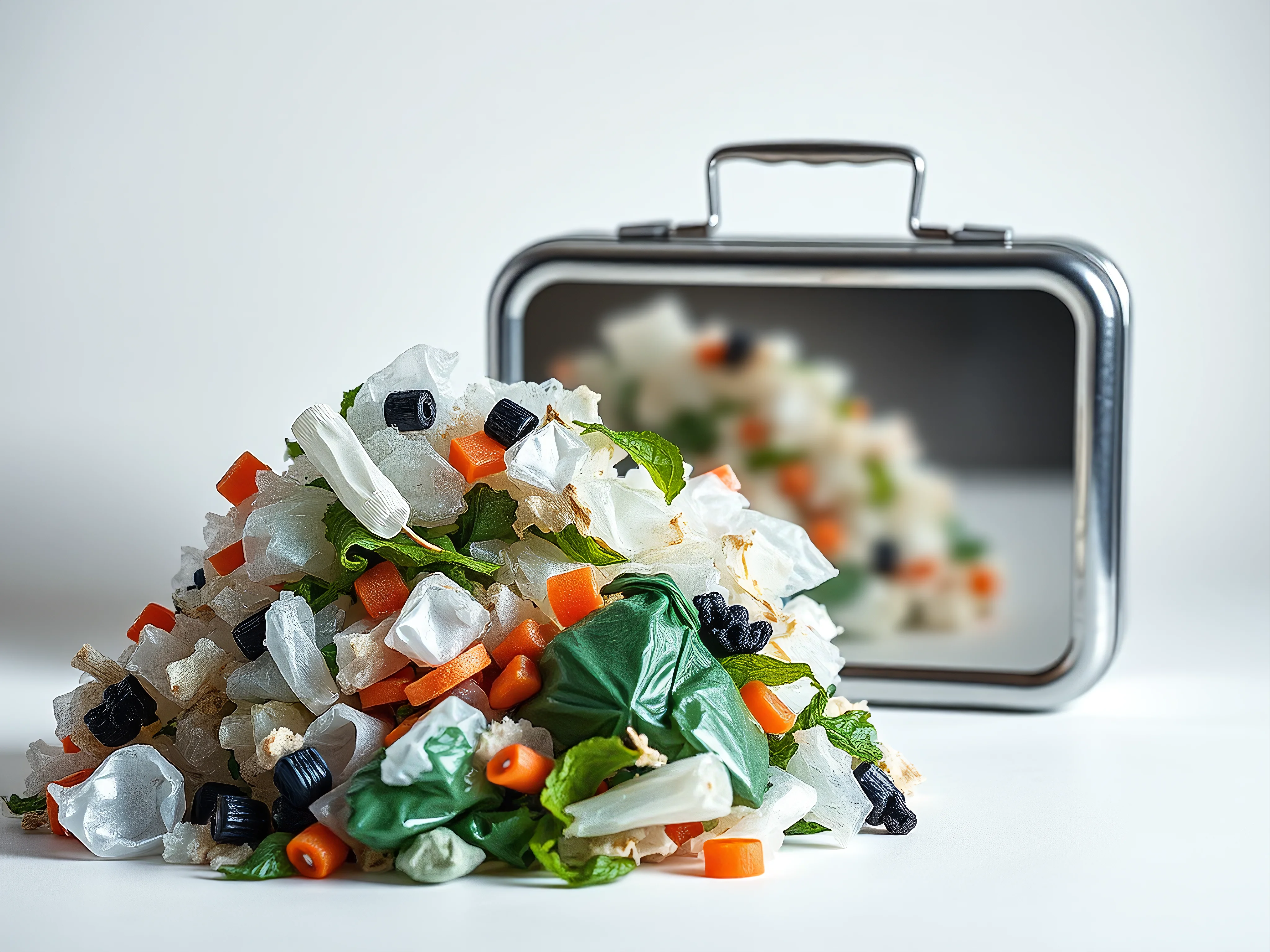 Close-up of crushed plastic waste juxtaposed with a stainless steel lunchbox.