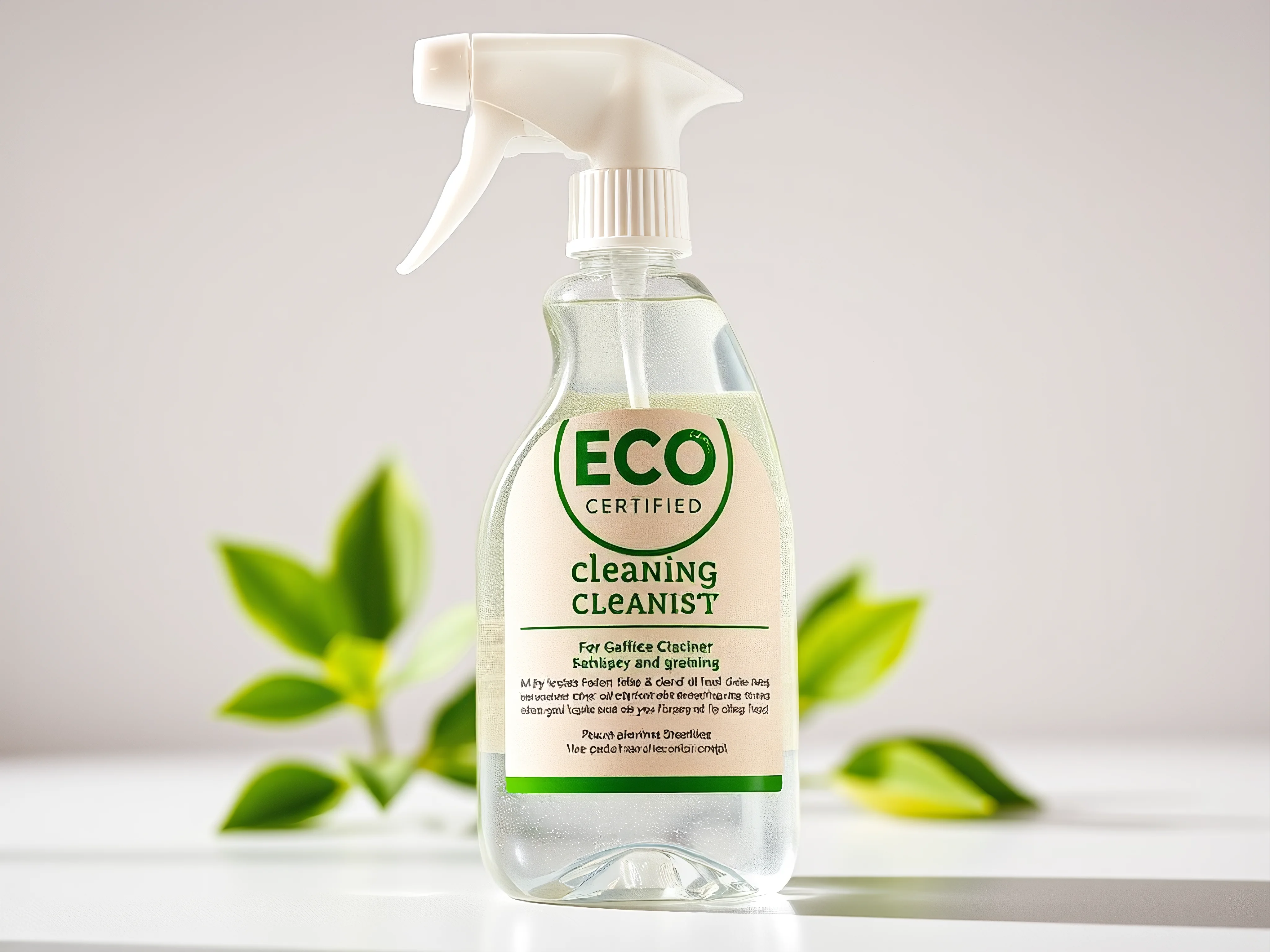 Close-up of eco-certified cleaning spray bottle with prominent label and green accents.