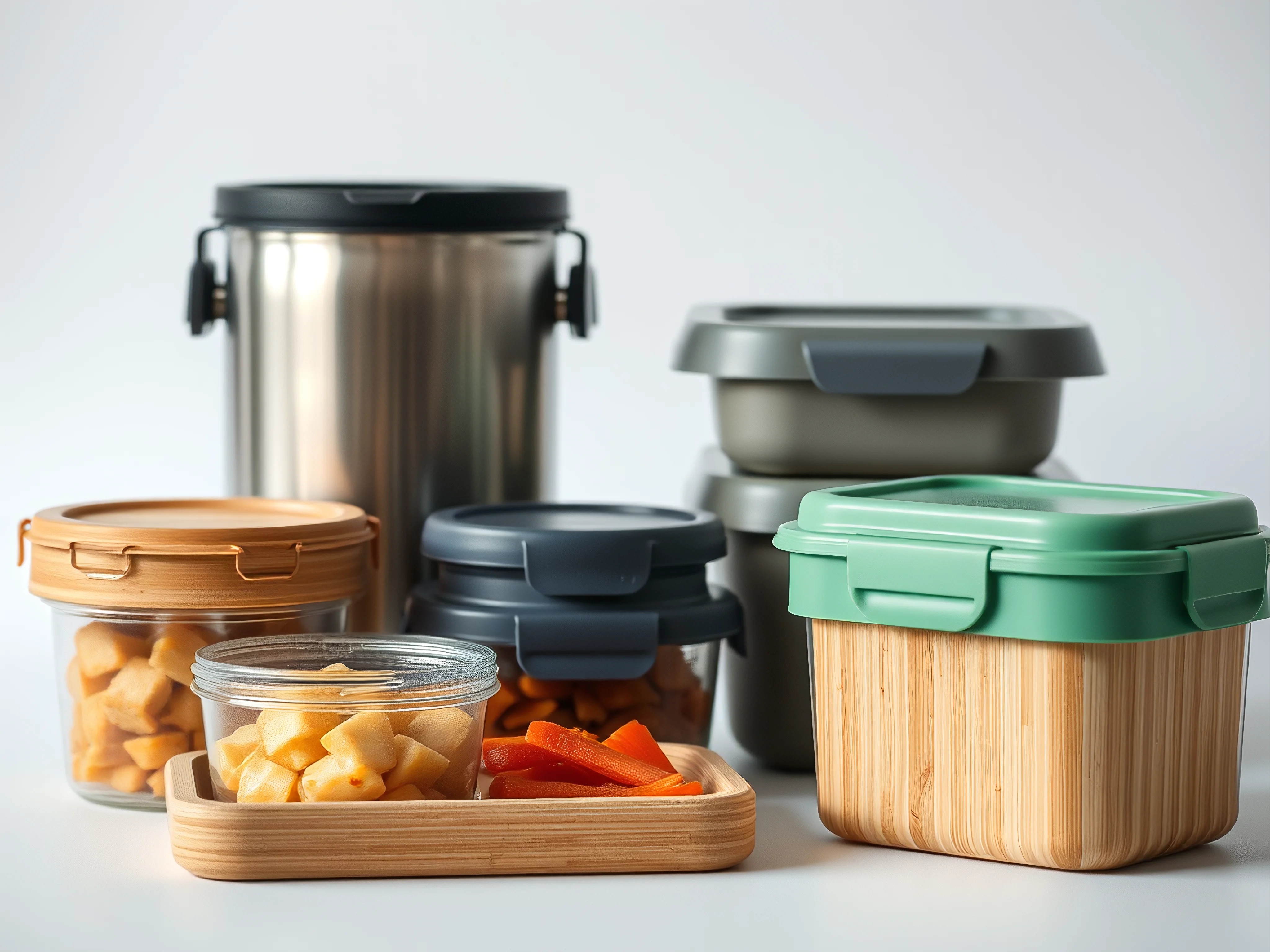 Neatly arranged eco-friendly lunch containers: stainless steel, glass, silicone, bamboo.