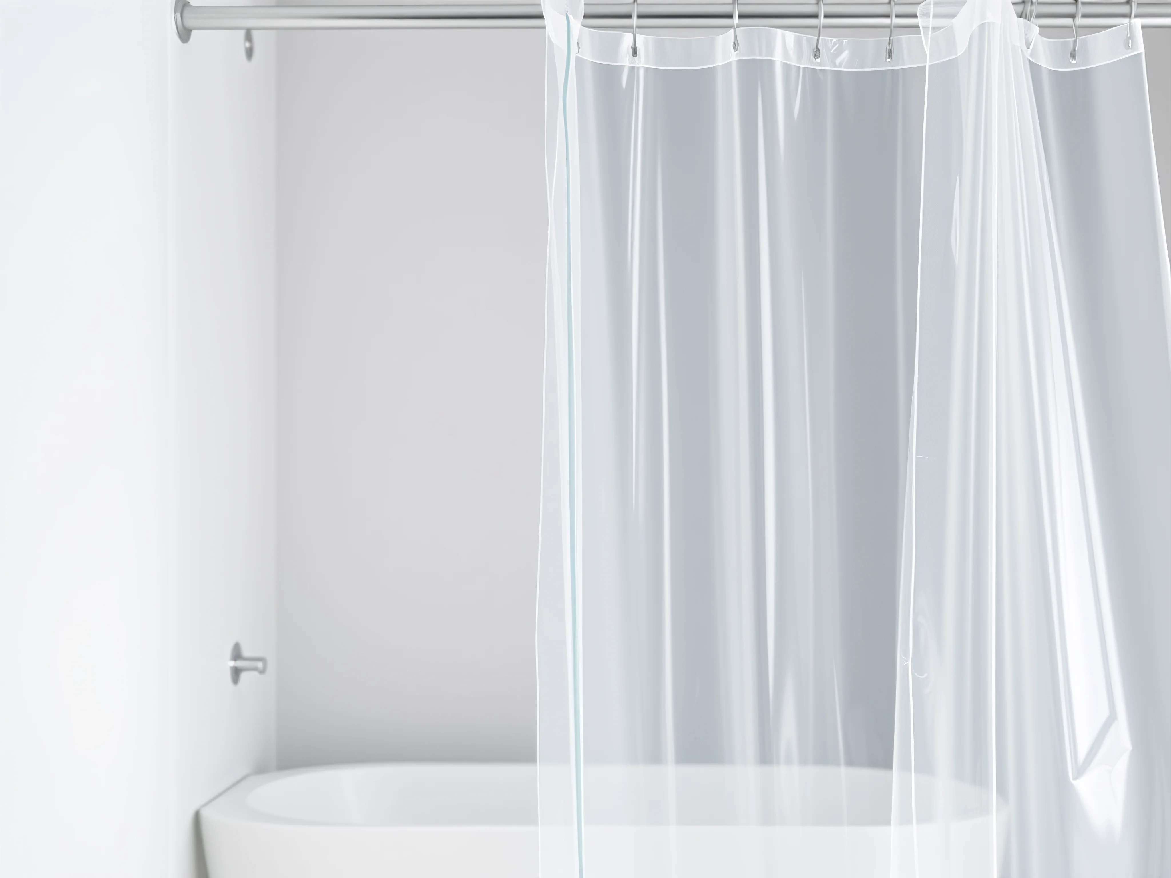 Pure white PEVA shower curtain liner, close-up, crisp detail.