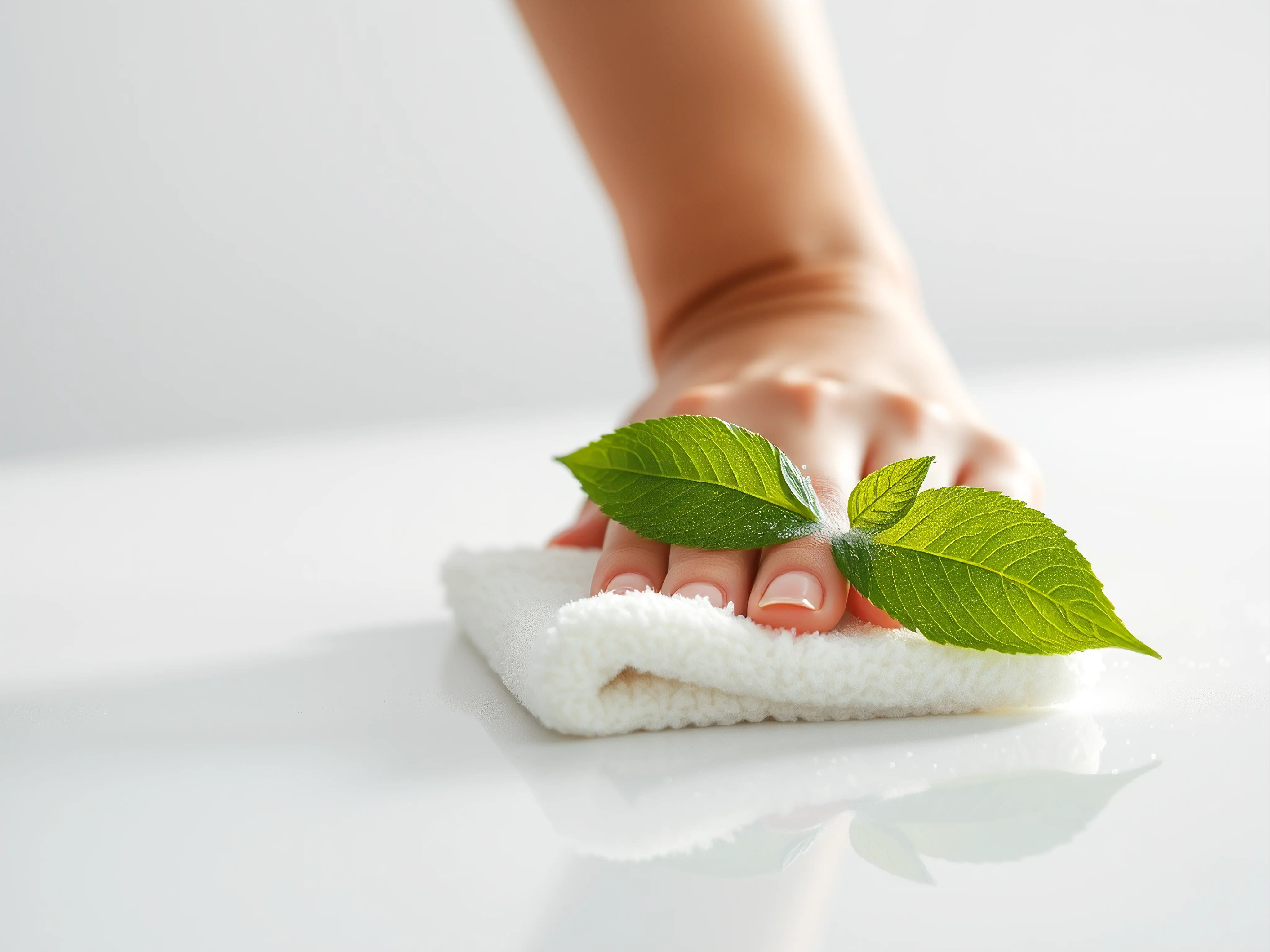 Eco-friendly green cleaning wipe on a sparkling white surface.