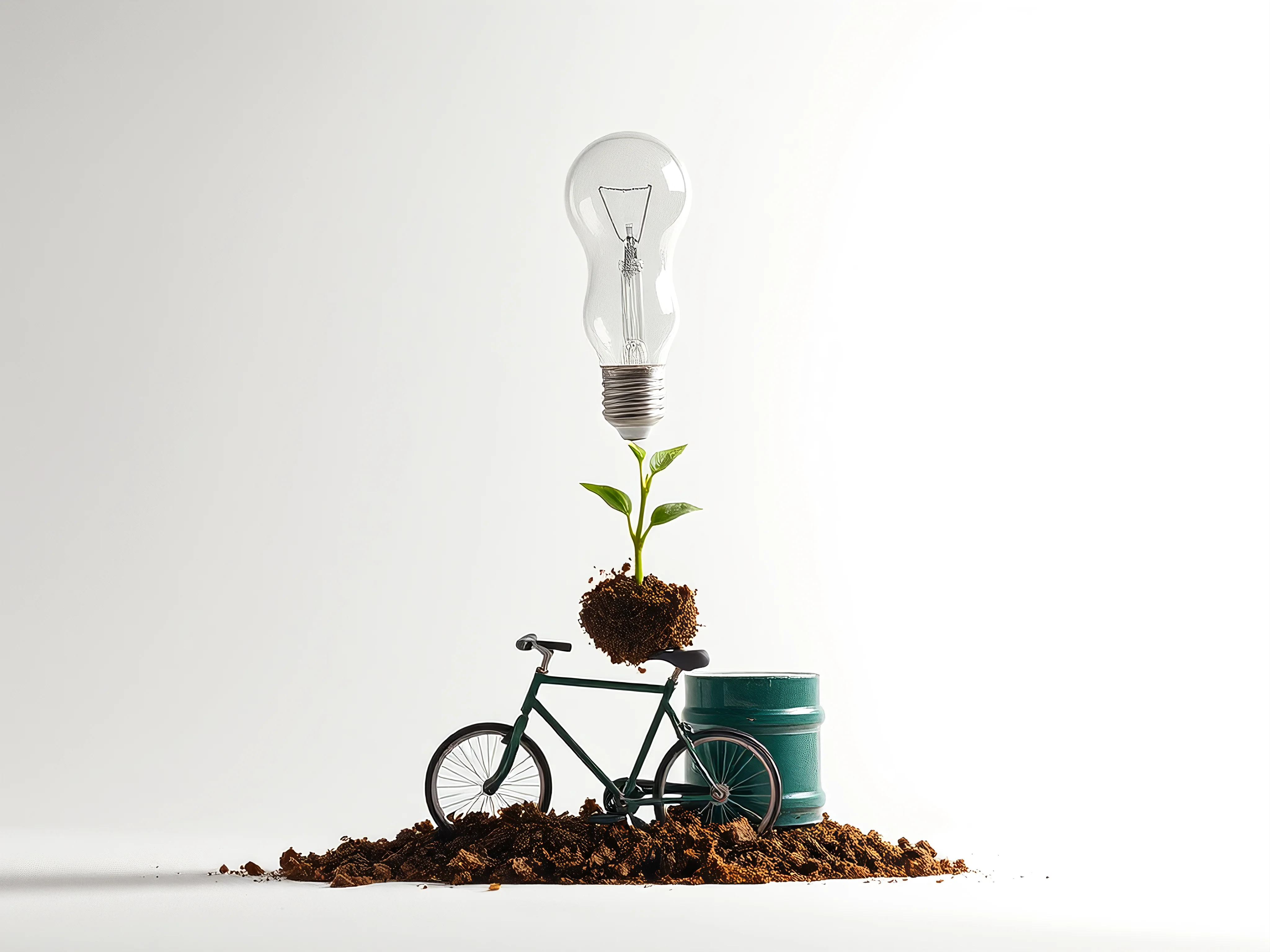 Stacked eco-conscious objects: mended fabric, LED bulb, sprouting plant, bicycle, rain barrel. Sustainable growth.