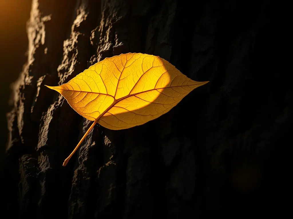 A glowing golden leaf resting on dark tree bark, symbolizing the release of spiritual attachments through eco-friendly rituals.