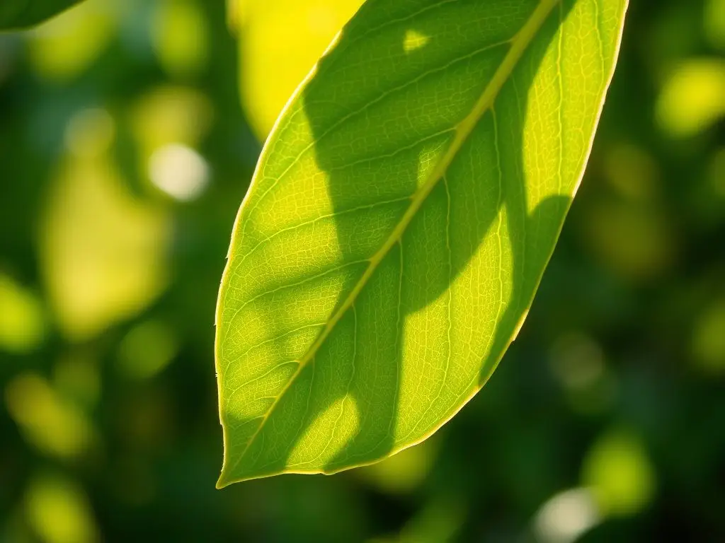 A close-up of a vibrant green leaf with sunlight filtering through, symbolizing the connection between spiritual growth and nature.