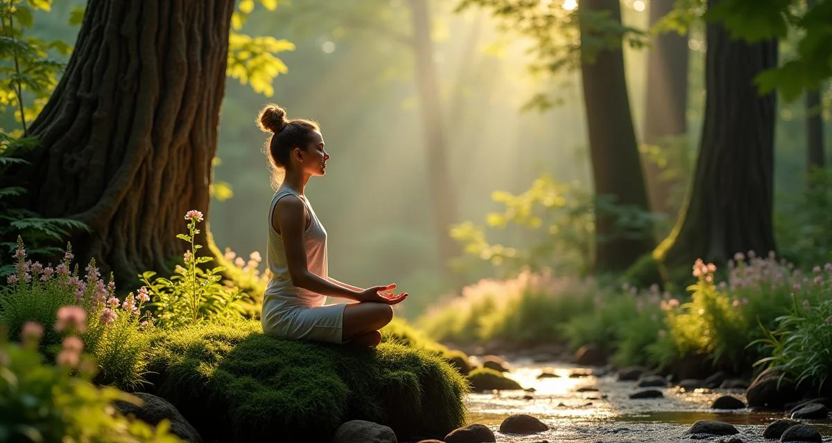 A woman meditating in a lush forest, surrounded by vibrant greenery and sunlight filtering through the trees, symbolizing eco-spirituality and mindful living.