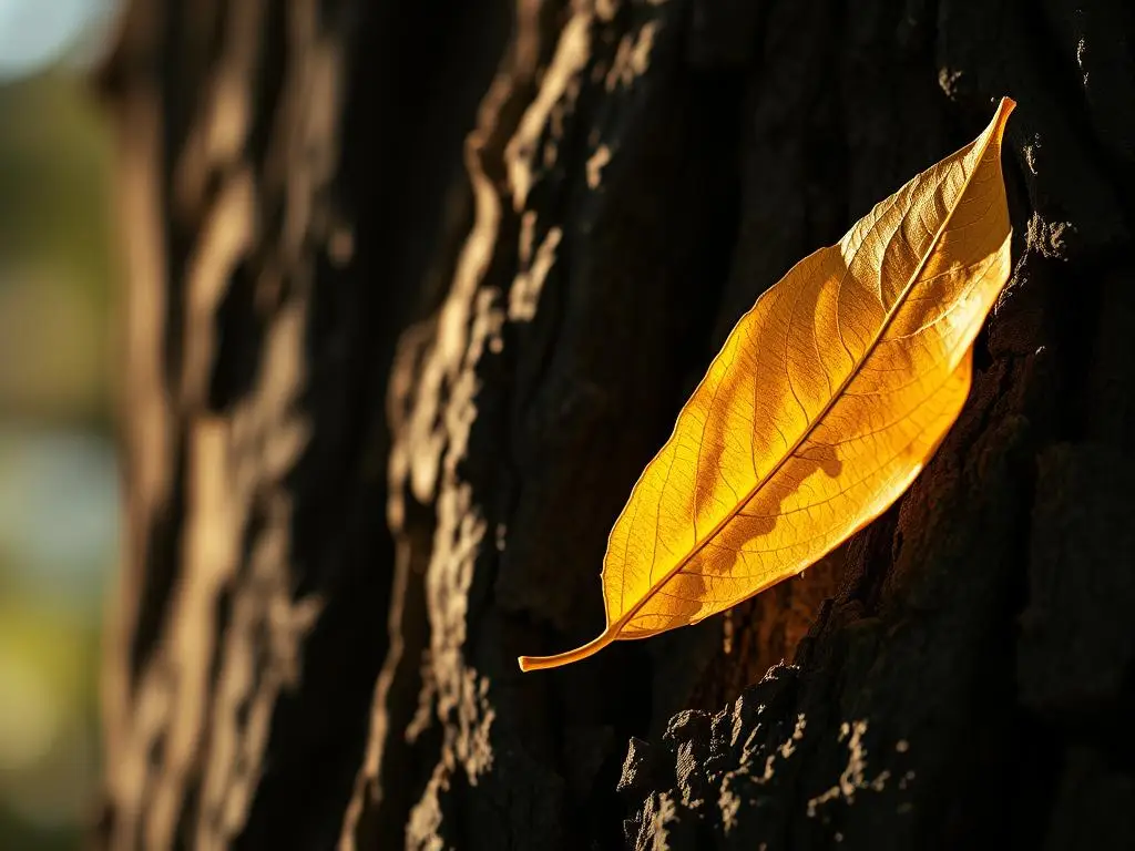 A glowing golden leaf surrounded by dark, textured bark, symbolizing the transformation of stress into inner peace through spiritual alchemy and nature.