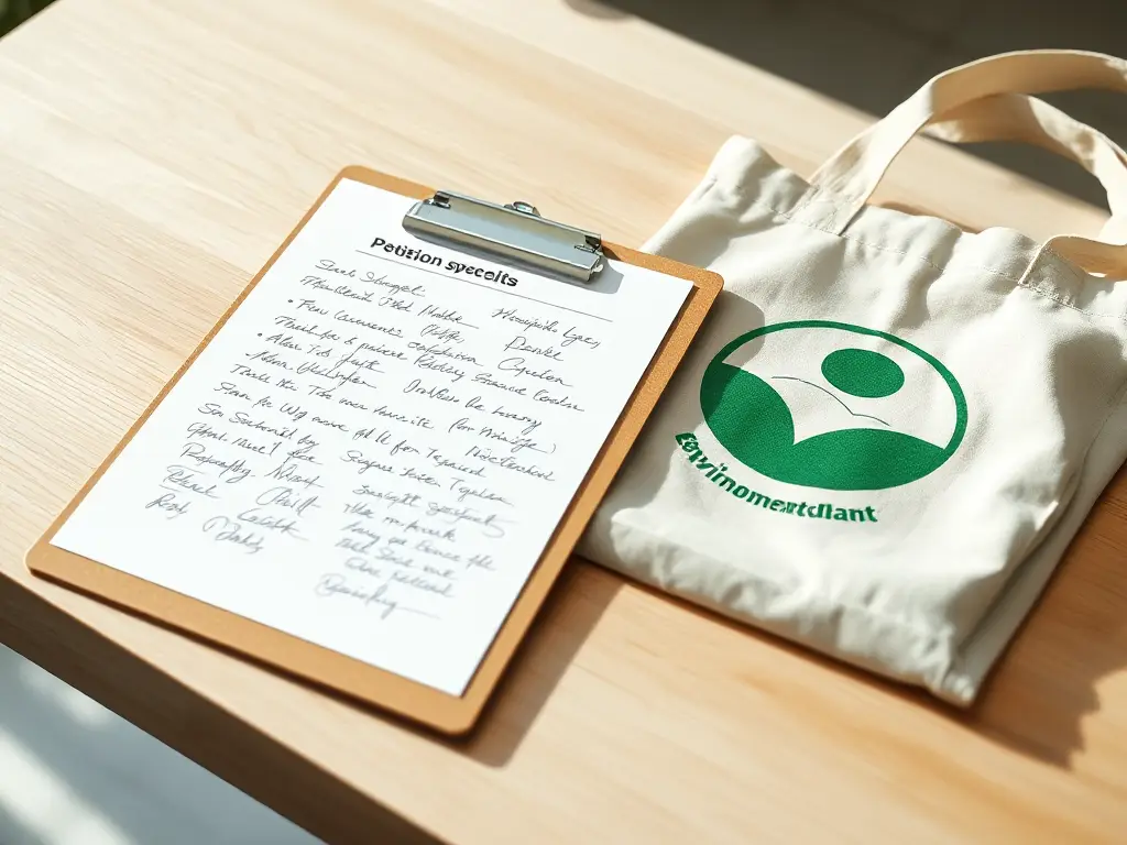 A close-up of a clipboard with a petition and a reusable tote bag with an environmental logo, symbolizing community involvement and advocacy