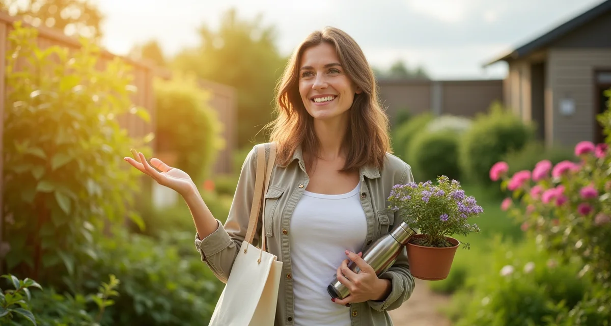 A thoughtful woman holding a reusable water bottle and shopping bag, surrounded by green plants and eco-friendly items, symbolizing sustainable New Year's resolutions