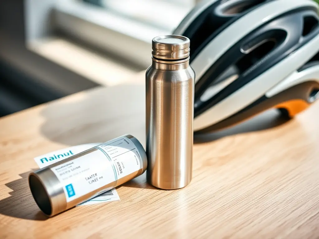 A close-up of a reusable water bottle, a train ticket, and a bicycle helmet on a modern surface, symbolizing eco-friendly travel choices