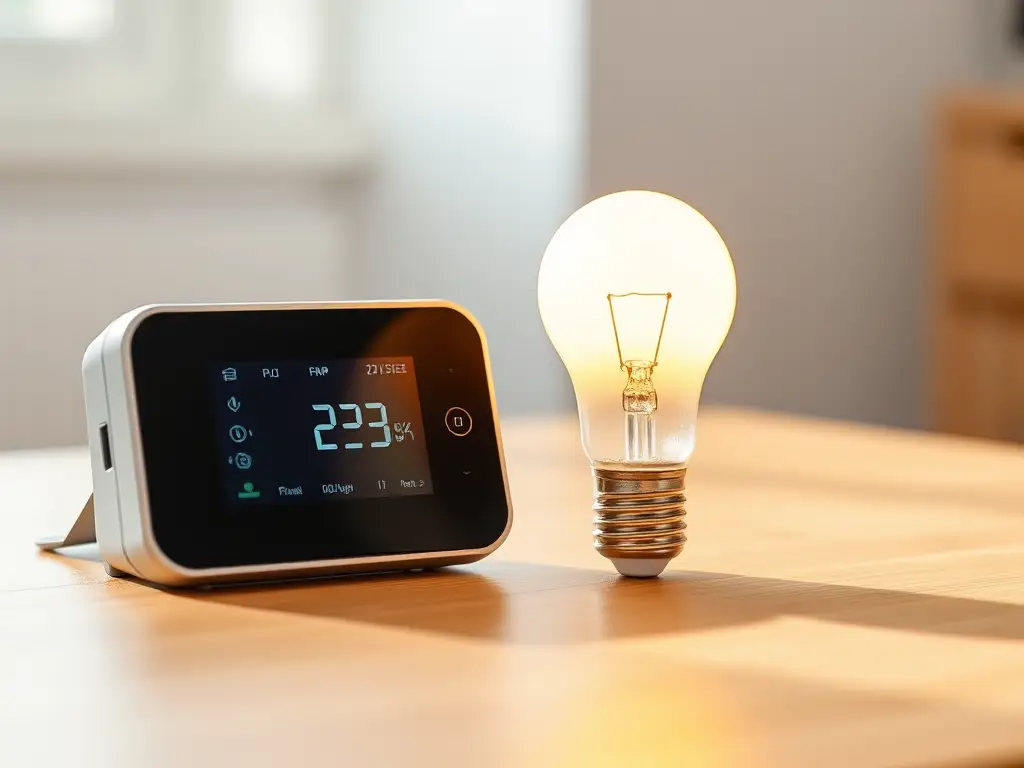 Energy-efficient LED bulb and programmable thermostat on a modern surface