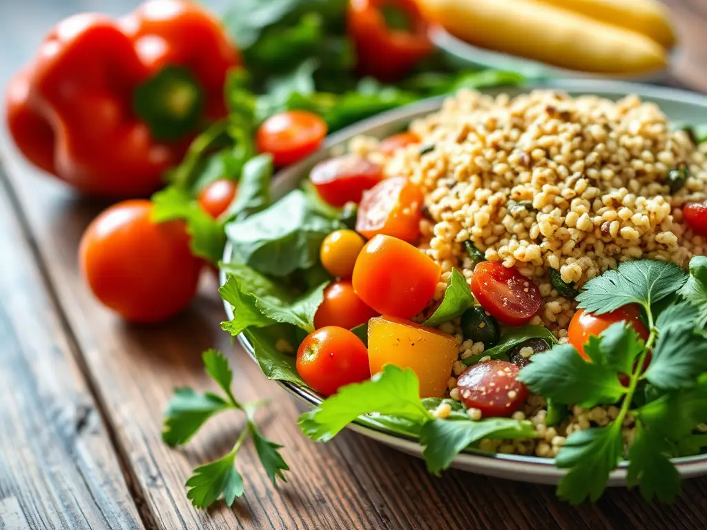 A vibrant plant-based meal with fresh vegetables and grains on a wooden table