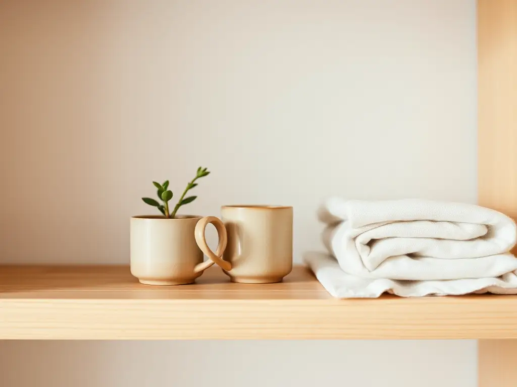 A minimalist wooden shelf with a few carefully selected items, symbolizing mindful consumption and minimalism