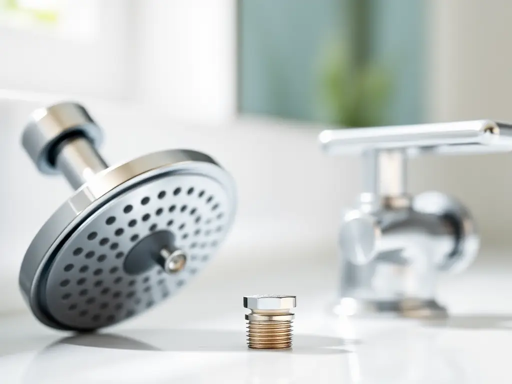 Close-up of a water-saving showerhead and faucet aerator on a modern surface