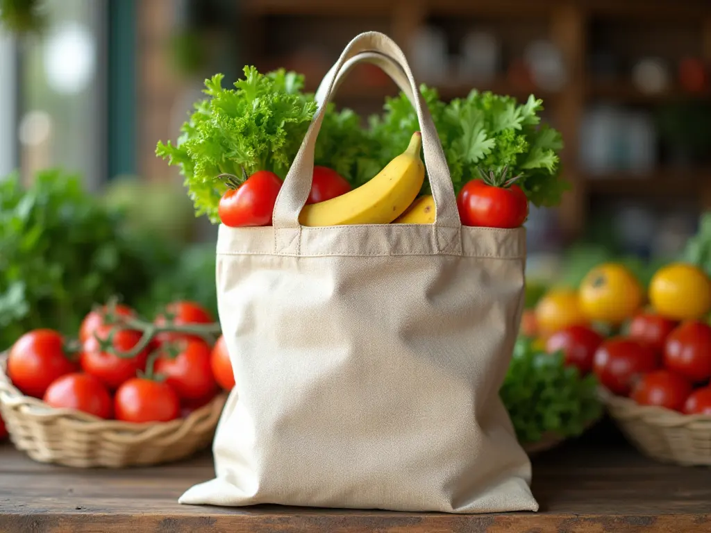 A reusable shopping bag filled with fresh produce on a market table.