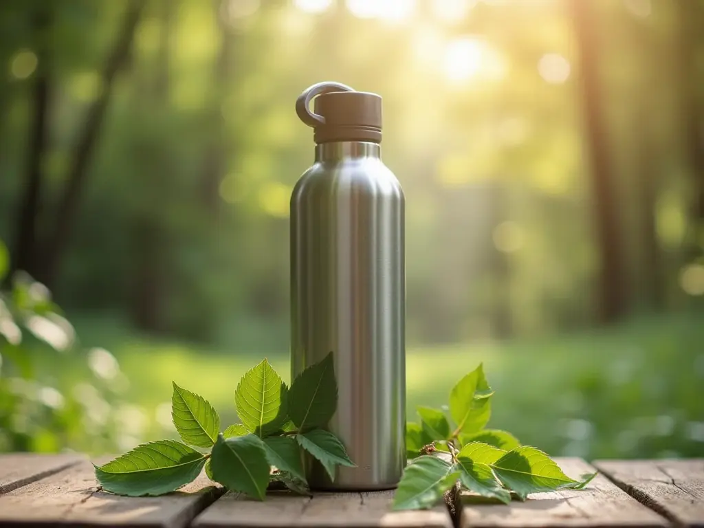 Close-up of a reusable water bottle placed on a wooden table surrounded by green leaves.