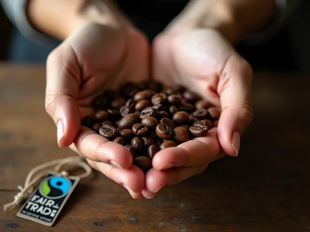 Hands holding coffee beans with a Fair Trade label in the background.