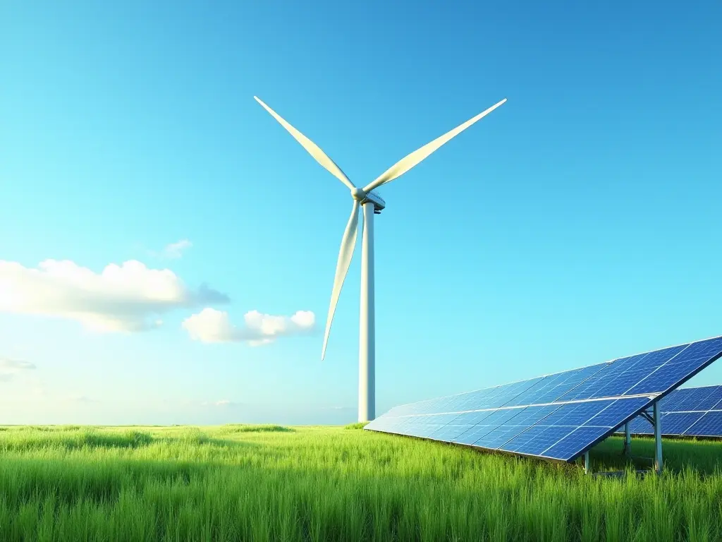 A modern wind turbine with solar panels in a green field under a bright sky.