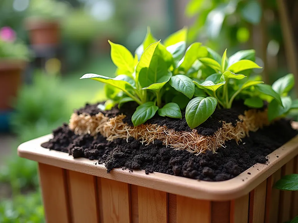 Organic compost bin in an urban garden setting