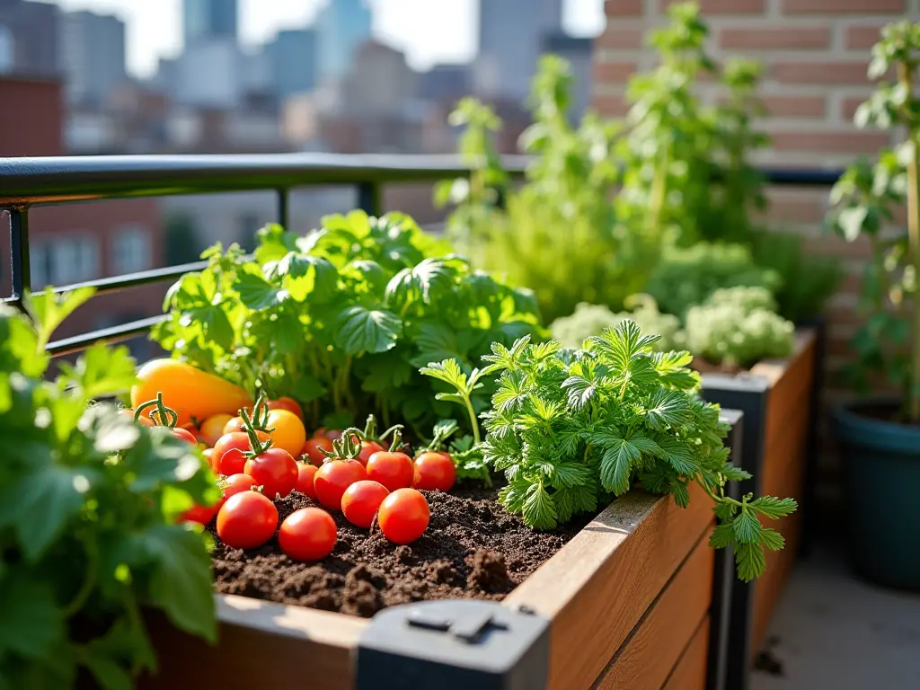 Raised garden bed with vibrant plants on an urban balcony