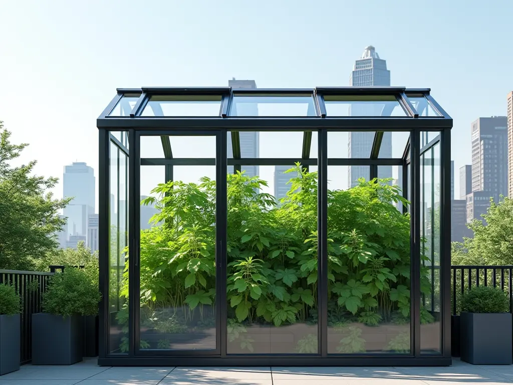 Modern greenhouse in an urban garden setting with lush plants