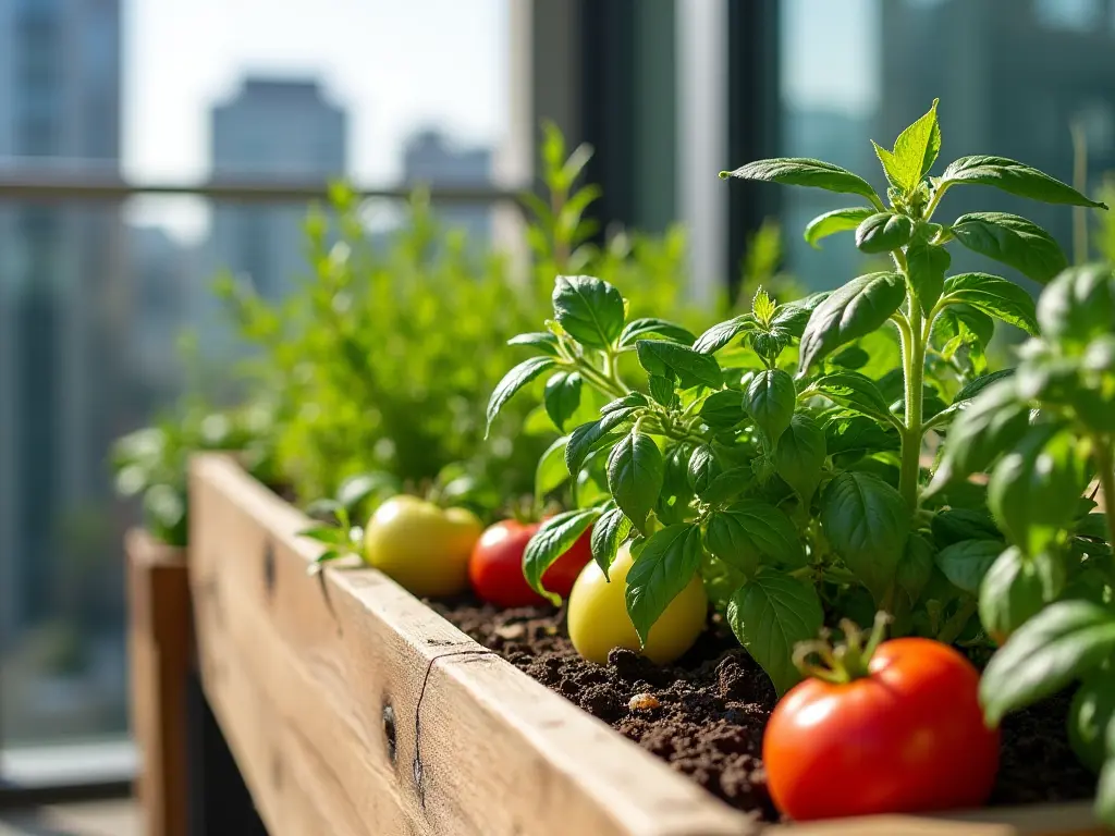 Vibrant raised garden bed with assorted vegetables and herbs