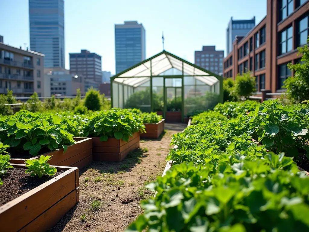 Vibrant urban garden with raised beds and greenhouse