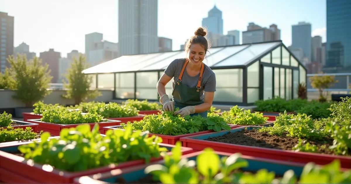 Person gardening in an urban setting with raised beds and a greenhouse