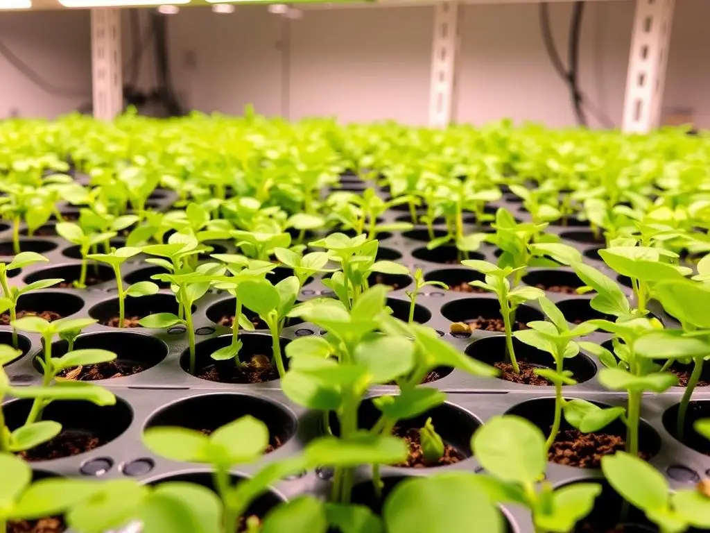 A close-up of indoor seed trays with pollinator-friendly plants under grow lights