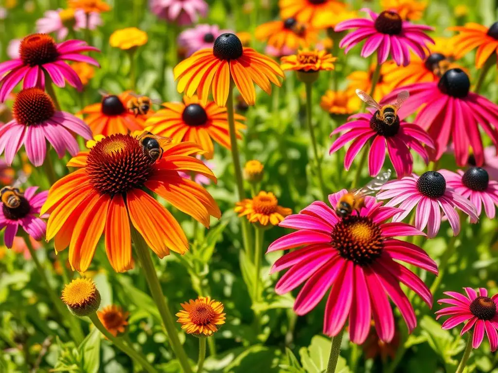 A close-up of vibrant native plants in a garden, attracting bees and butterflies