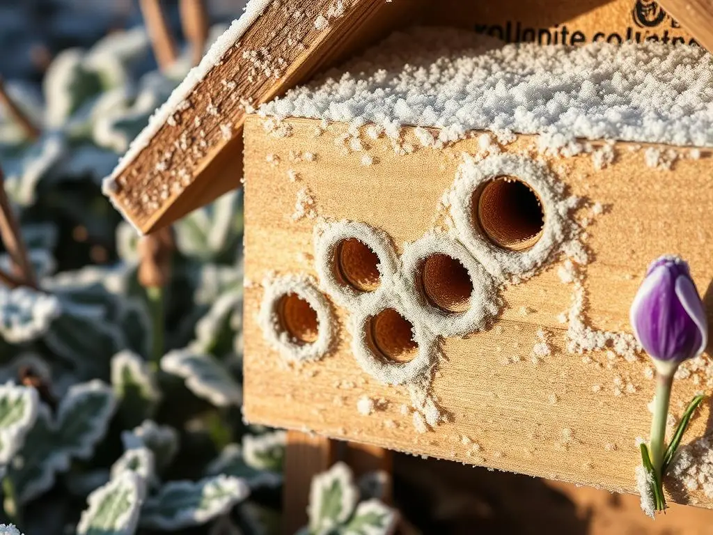 A close-up of a wooden bee hotel covered in frost, symbolizing winter support for pollinators