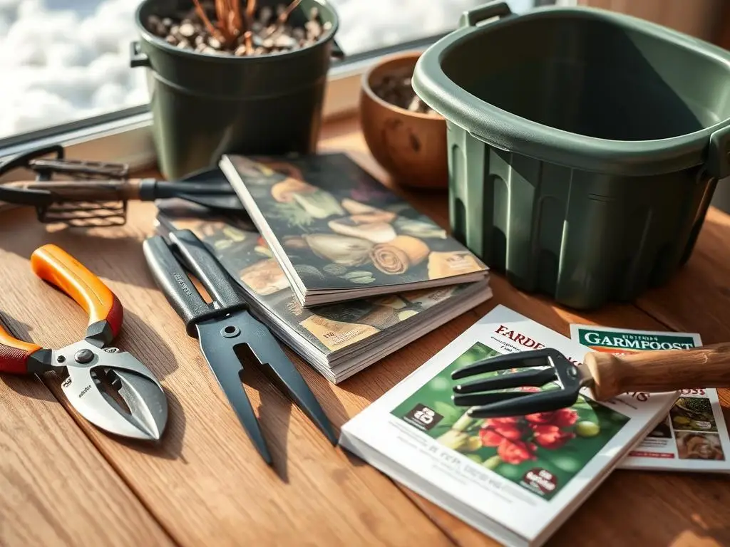 Essential tools for winter garden planning, including pruners, compost bin, and seed catalogs