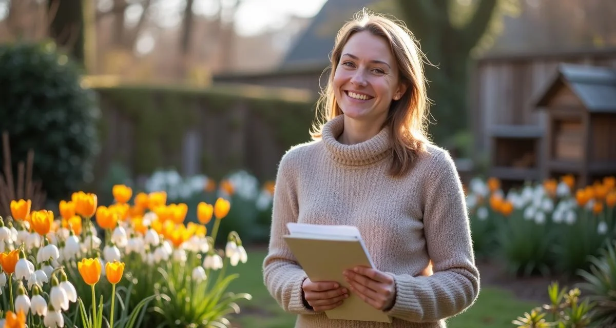 A woman planning a pollinator-friendly garden in winter, surrounded by plants and tools